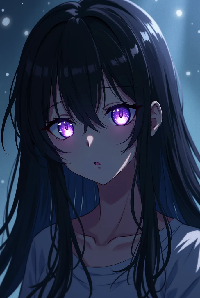 Anime Long Black Hair Purple and white odd eyes