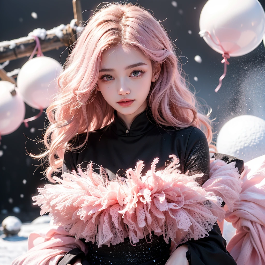 Light pink hair, Pink Eyes, Pink and white, snow、Vibrant colors, Black dress、Paint Splash, Luxury Background、Ray Tracing, Curly Hair