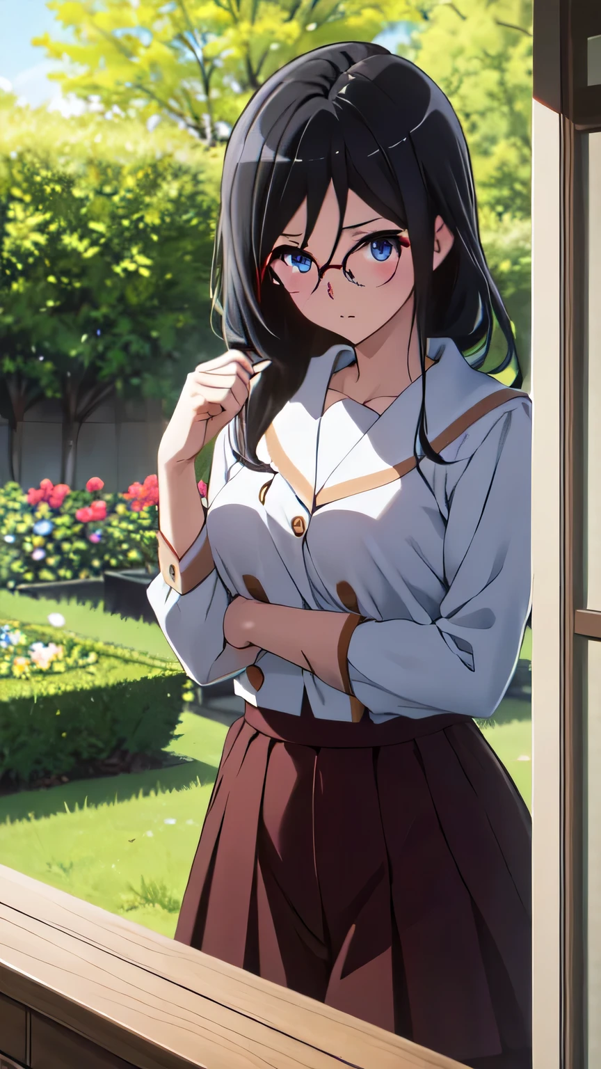 best quality, Masterpiece, highres, alone, {Thanaka_Asuka_euphonium sound:1.15} (garden:1.3), , black_hair, long_hair, glasses, light blue_eyes, Blush, red frame_glasses, Seraph, beyond the edge_glasses, semi borderless_glasses, hair_between_eyes, 1 woman, Kitauchi_high_school_uniform, brown, (stand and wait:1.5), looking towards the viewer,