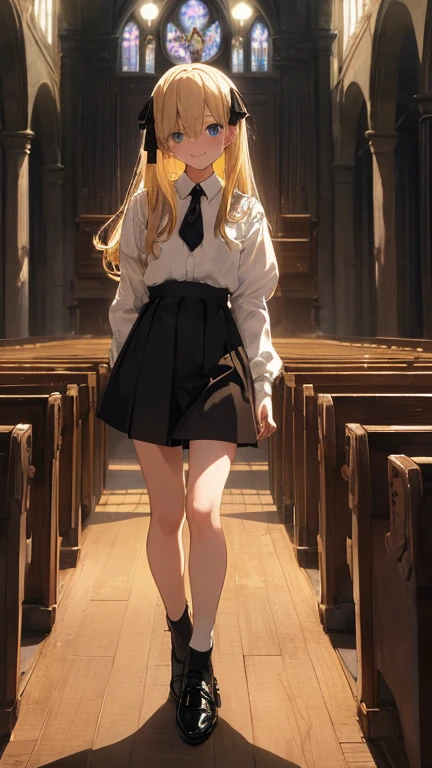 (masterpiece、最high quality、high quality)、Young full body、alone 、like an angel、Black shorts、choir、mysterious、Leather shoes、A gentle smile、juvenile、church、Dramatic Lighting、In uniform、Blonde、Delicate hair、Brown shirt、Tied Hair、Ribbon tie、One eye is hidden