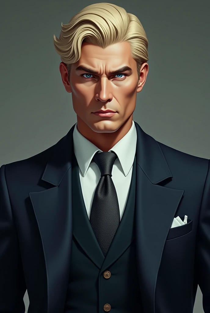 a serious man, in elegant suit, with hair styled in the style of a working man's hair, blonde in color. Her eyes are intense blue, conveying a firm and determined expression