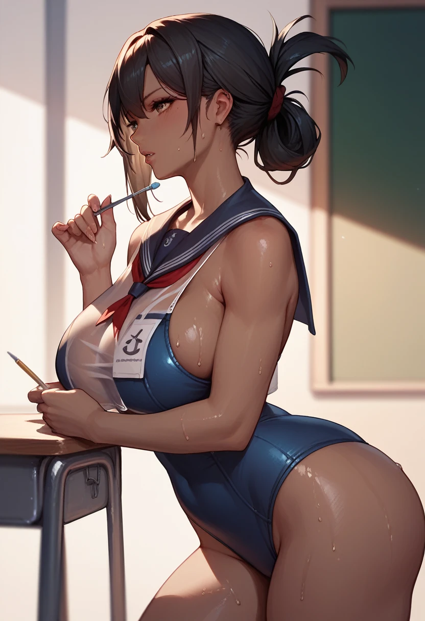 　(((Dark brown skin))) Azur Lane　Sailor suit　School Swimsuit　Tall beautiful woman　Black Hair　 Sweat　(((Folded ponytail)))　classroom　Love Juice 