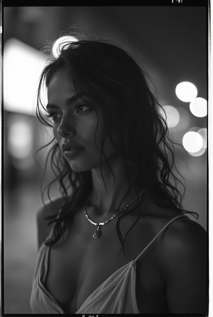 Polaroid expiré d'une fille aux cheveux brun colombienne in a nuit city , Flash d'appareil photo, futuriste, Romantique, tons de bijoux, flou de mouvement, nuit, flou et flou, photo en noir et blanc, ISO 100