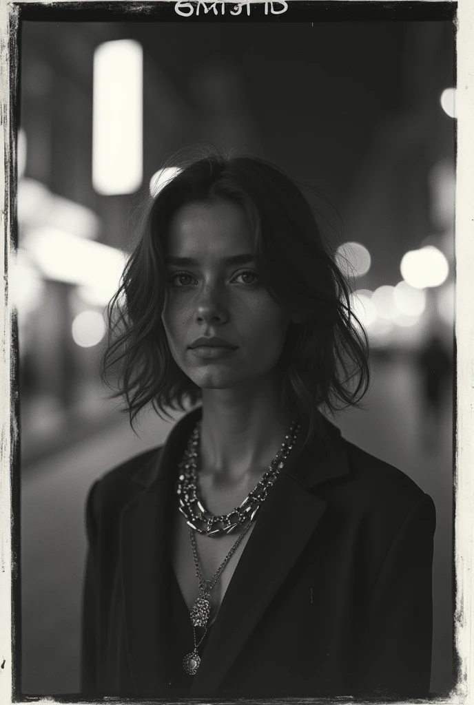Polaroid expiré d'une fille aux cheveux brun colombienne in a nuit city , Flash d'appareil photo, futuriste, Romantique, tons de bijoux, flou de mouvement, nuit, flou et flou, photo en noir et blanc, ISO 100
