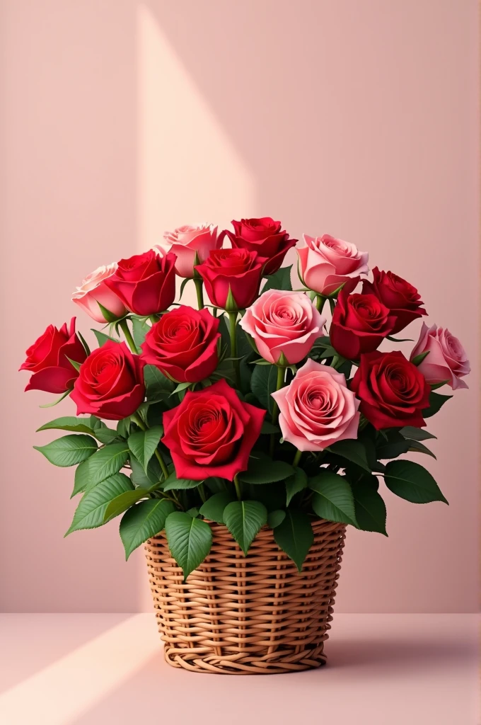 2 dozen fresh roses in basket realistic picture in high quality
