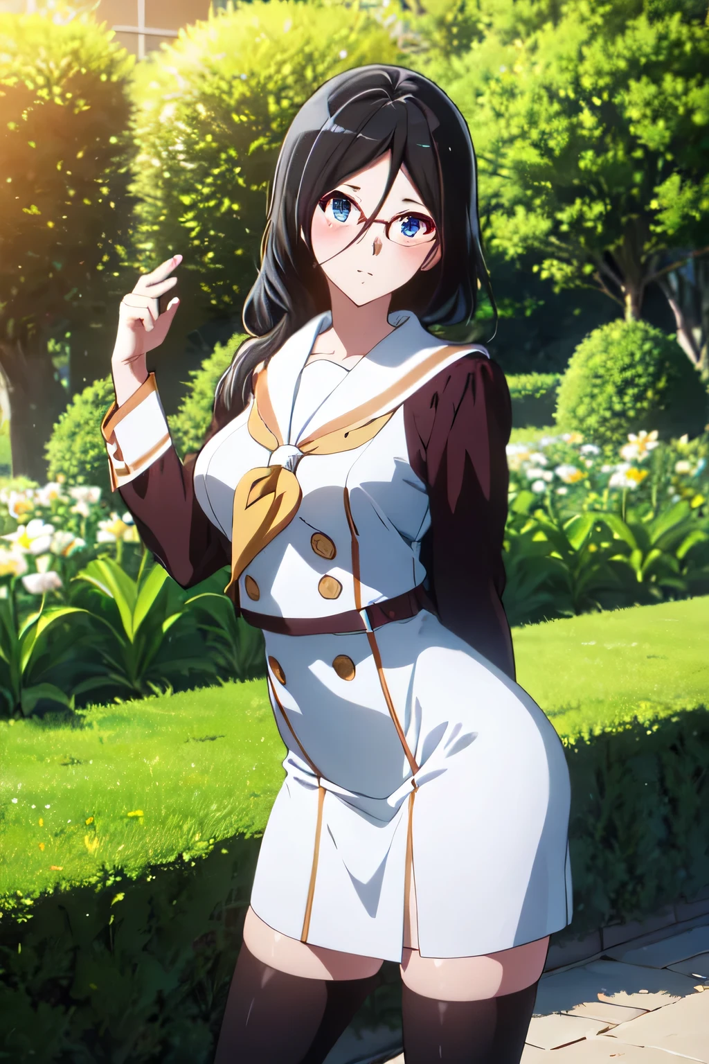 best quality, Masterpiece, highres, alone, {Thanaka_Asuka_euphonium sound:1.15} (garden:1.3), , black_hair, long_hair, glasses, light blue_eyes, Blush, red frame_glasses, Seraph, beyond the edge_glasses, semi borderless_glasses, hair_between_eyes, 1 woman, Kitauchi_high_school_uniform, brown, (stand up straight:1.5), looking towards the viewer,