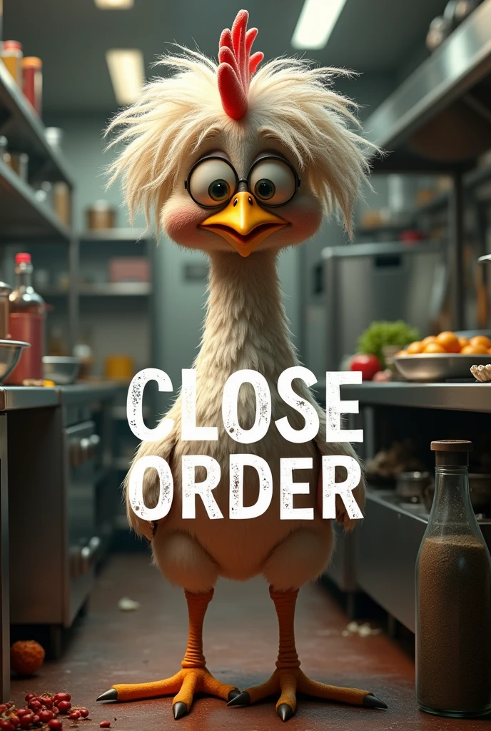 Picture of a curly haired chicken looking sad with the text "CLOSE ORDER" with a kitchen background