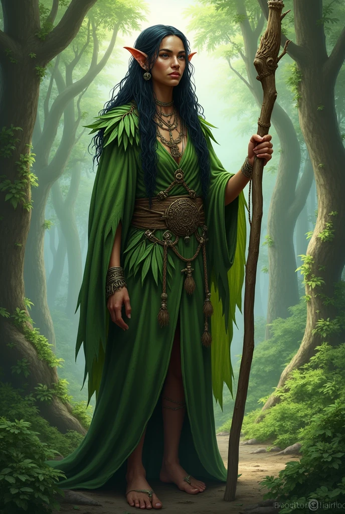 Create a dungeons and dragons character image of an older female tribal elve mage with light brown skin, small lips, pointed ears long unkempt wild black hair in a brown and green robe made of leafs holding a wooden staff in a forest