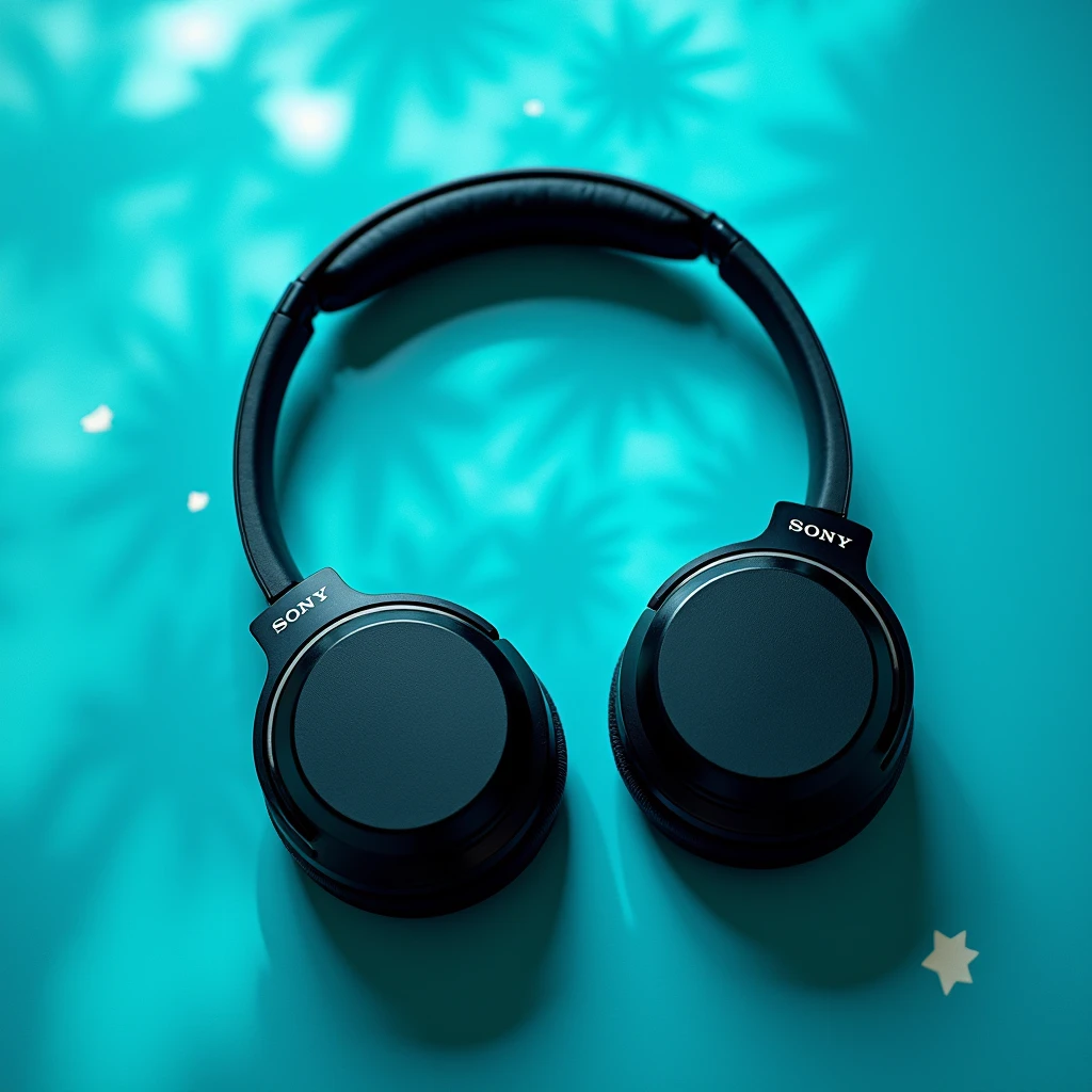 Sony headphones with a patterned turquoise background