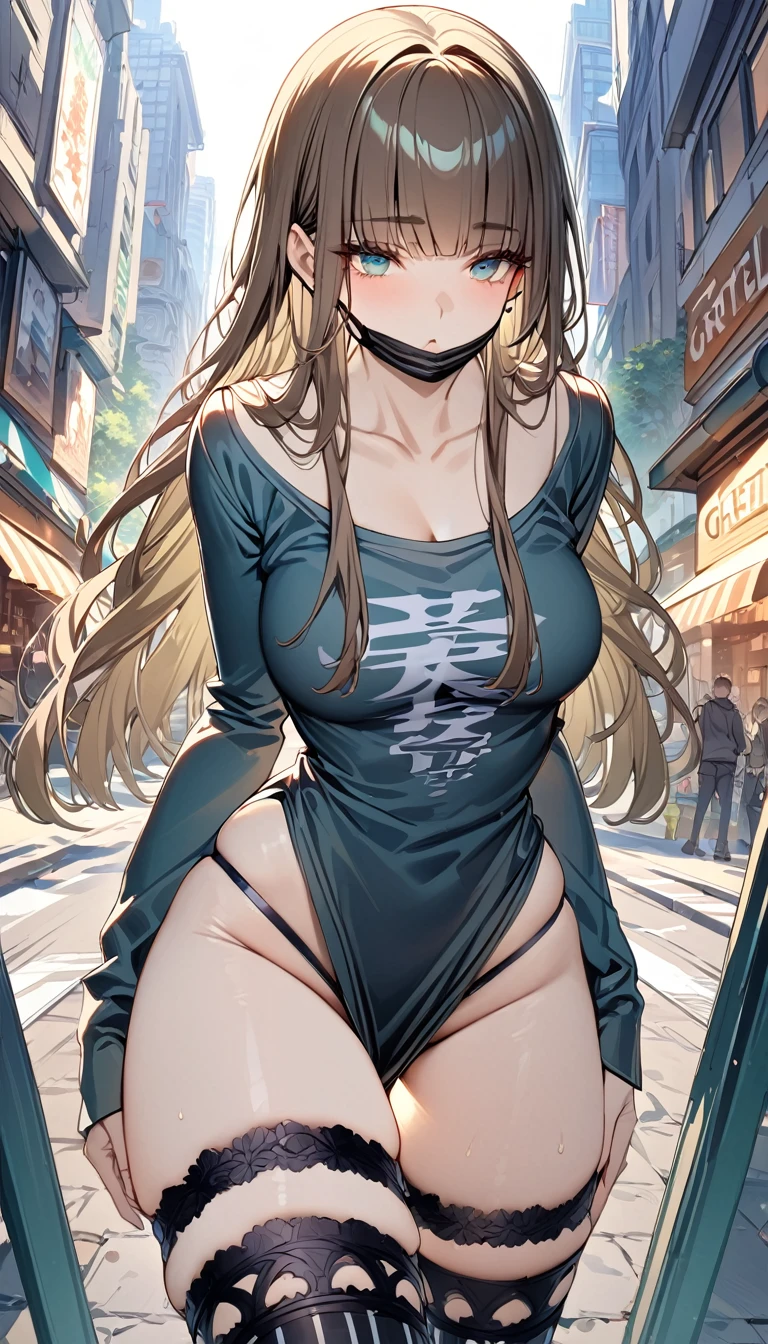 ((masterpiece)), Highest quality, (8k, Highest quality, masterpiece:1.2), Very detailed, gretelalt, brown hair, long hair, teal eyes,thighhighs, bangs, mouth mask, long sleeves, legband, stockings, outdoors,street,contrapposto,look down from a high place,solo focus