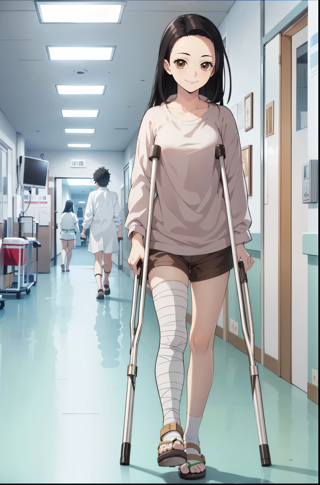 (masterpiece, best quality:1.2), kimetsu no yaiba style, kiyomi, (1girl, solo), (black long hair, straight hair, forehead), brown eyes, (bitter smile:1.2), (T-shirts, long sleeves), sports shorts, bandaged one leg, sandals, (walking with crutches, walking in the hospital corridor)