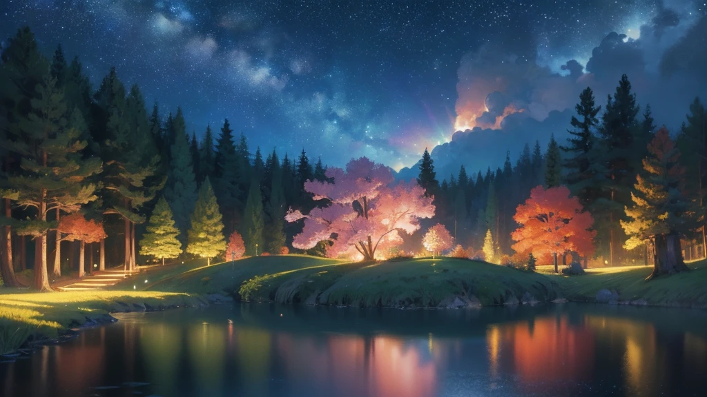 /imagine prompt: Viral anime nature wallpaper in 4K quality, in the style of Pixar 3D inspired by Coco, showing a lively forest clearing with colorful flowers, animated trees, and a crystal-clear pond reflecting the night sky; warm and festive color temperature, cosmos lighting with stars twinkling in the sky, no human characters, the atmosphere is magical and joyous --v 5 --stylize 1000