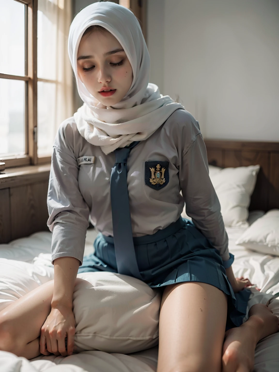 1girl,school girl wearing seragamsmahijab uniform, MASTURBATING WITH pillow, on bed, pussy juice, side lying, hyper detailed, photorealistic, 8k, high quality, realistic, extremely detailed, intricate details, cinematic lighting, beautiful, erotic, sensual, intimate, delicate, soft, tender, glowing skin, natural lighting, warm tones