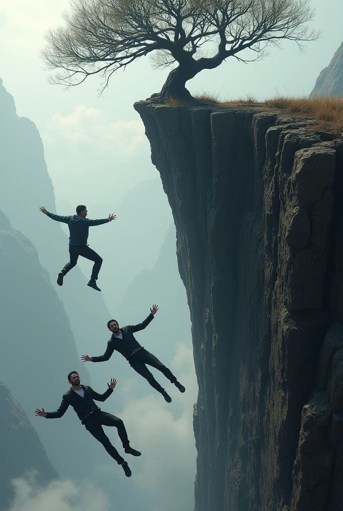 Three men falling down into a cliff with a short tree.