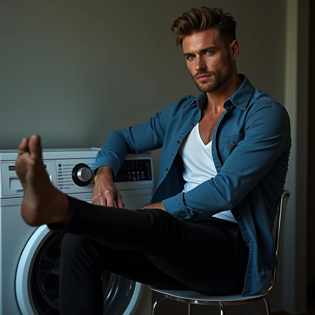 A white man, model type, at 33 years old, blue colored eyes, wearing a blue white shirt and black pants, sitting sideways with his feet on top of a washing machine looking at the camera with a sexy look