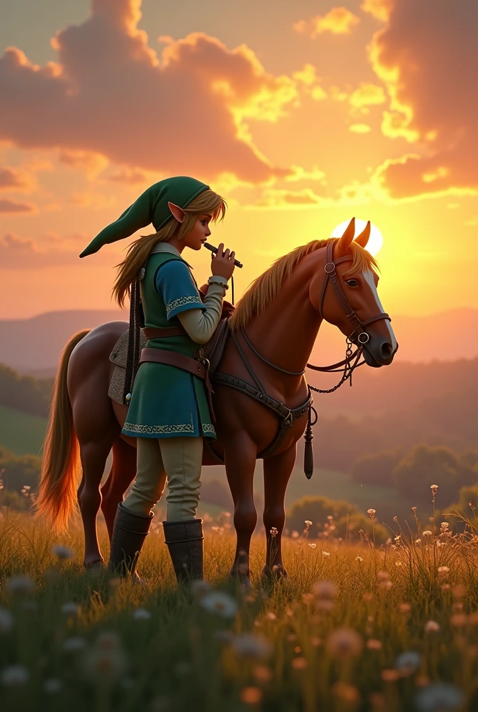 Realistic Link playing the ocarina at sunset with Epona