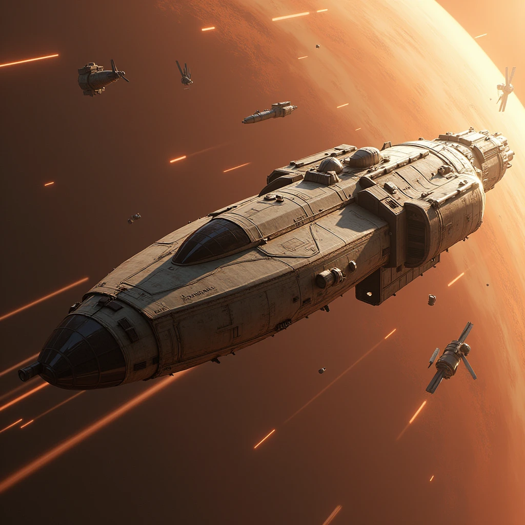 Supply carrier, shuttle ship, science fiction, low technology, Mars, satellite orbit, realistic, precision, masterpiece