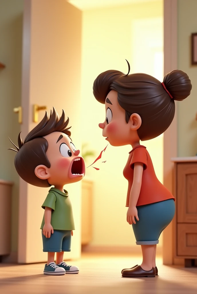 Create a 3D Image of a boy vomiting at her momand here mom should be facing opposite to him the pic should be cartoonish like its henry cartoon