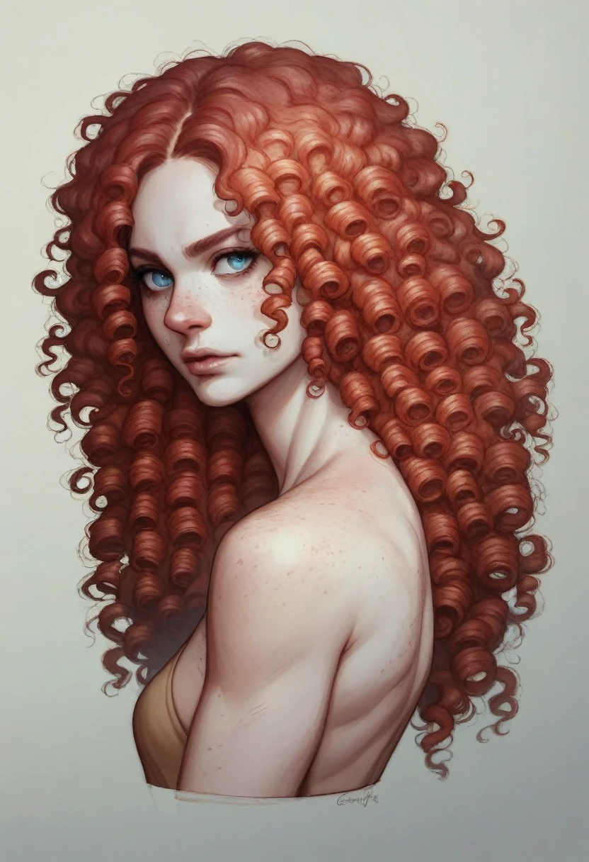 (((long fluffy curly red hair))) face portrait of An extremely Beautiful young Woman, pale skin, blue eyes, freckle,  gritty sharp focus, intricate, watercolor, long red hair, long hair, , short athletic legs, big ass, full body 