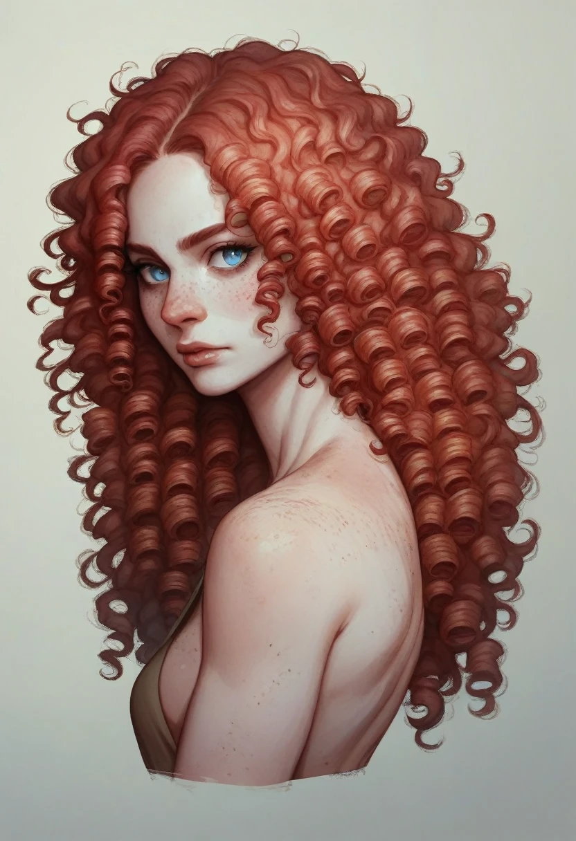 (((long fluffy curly red hair))) face portrait of An extremely Beautiful young Woman, pale skin, blue eyes, freckle, gritty sharp focus, intricate, watercolor, long red hair, long hair, , short athletic legs, big ass, full body