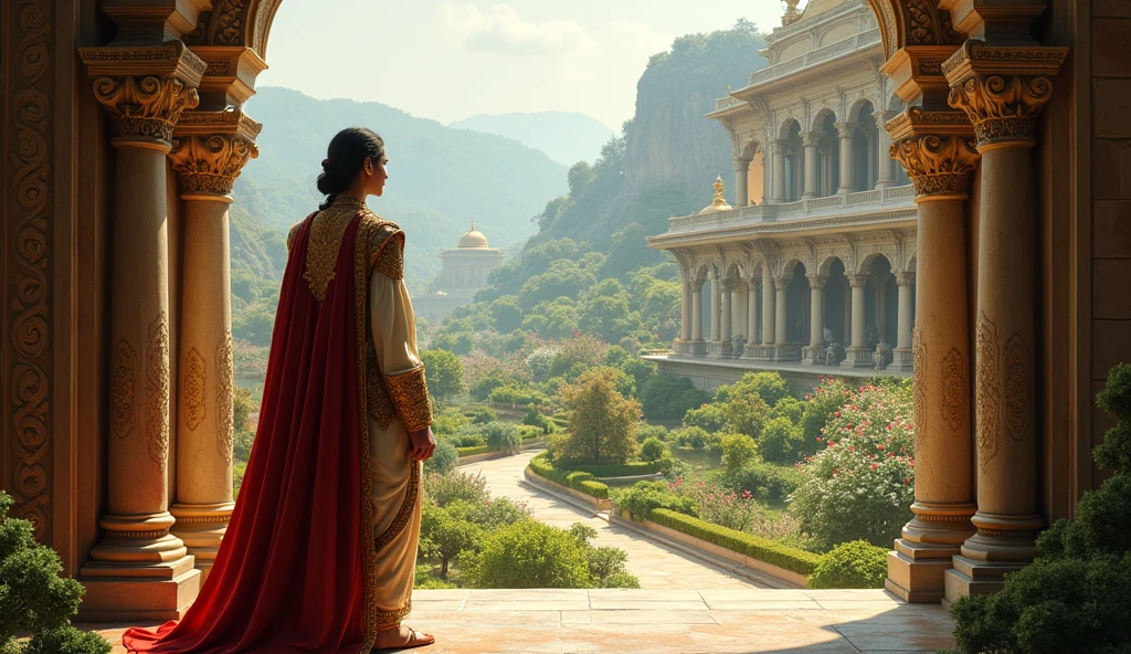 Show a majestic ancient palace surrounded by lush gardens. Siddhartha is depicted as a young prince, wearing royal attire, standing by a window, looking out with curiosity.