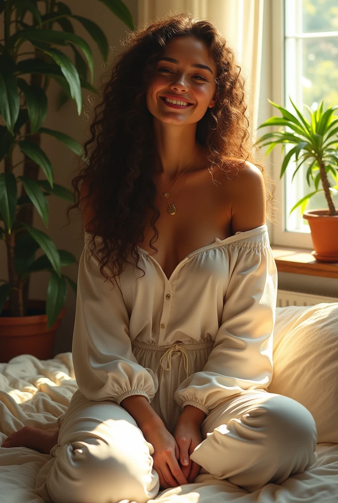 (photorealism:1.2), beautiful woman, sitting on bed, wearing loose off-shoulder top, pajama pants, long curly hair, indoors, soft lighting, plants in background, window with sunlight, cozy room, relaxed pose, realistic, intricate details, warm colors, by Greg Rutkowski, by Alphonse Mucha