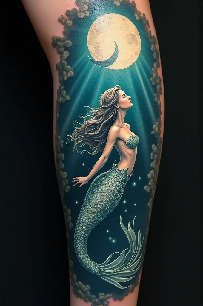 arm tattoo design of mermaid under the moon