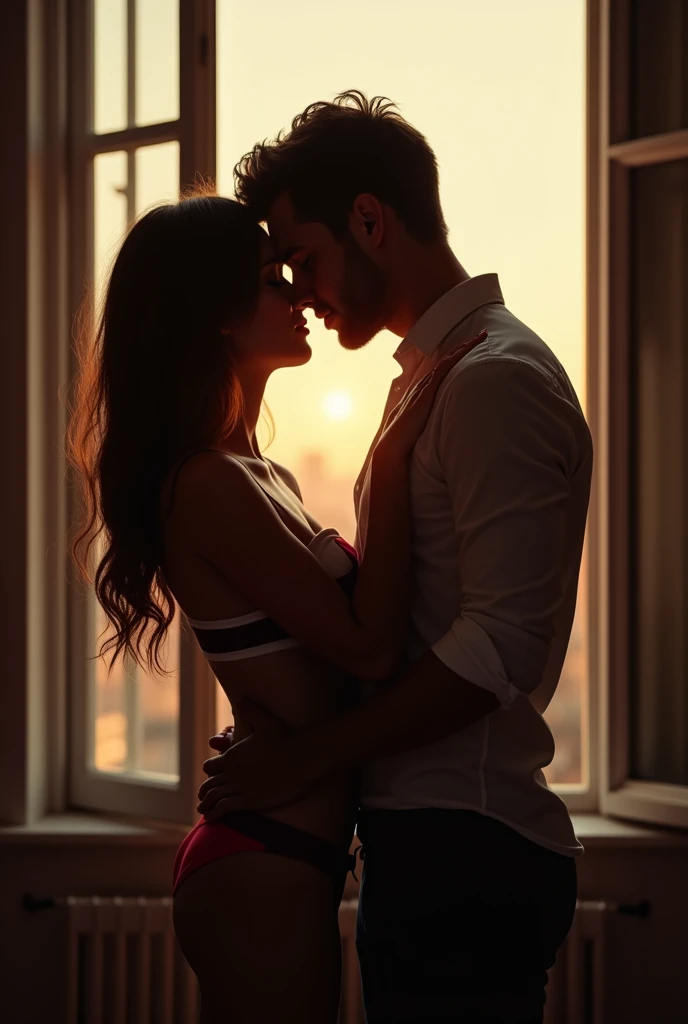A man kisses his wife while both his hands are holding his wife's bra., both of them were standing near the window