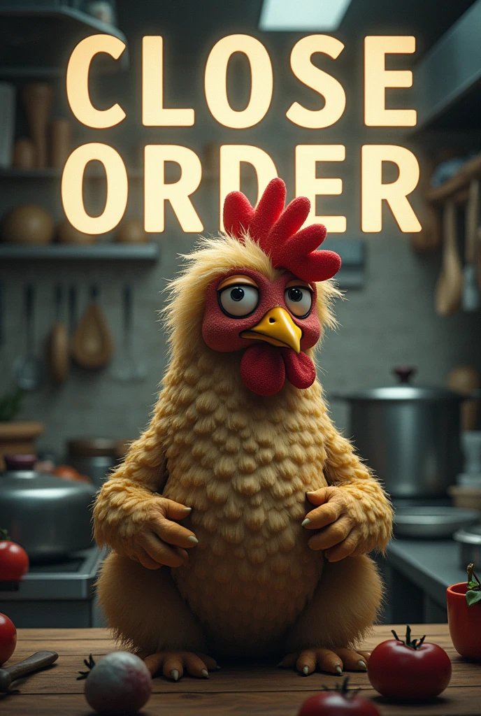 Picture of a curly haired chicken looking sad with the text "CLOSE ORDER" with a kitchen background