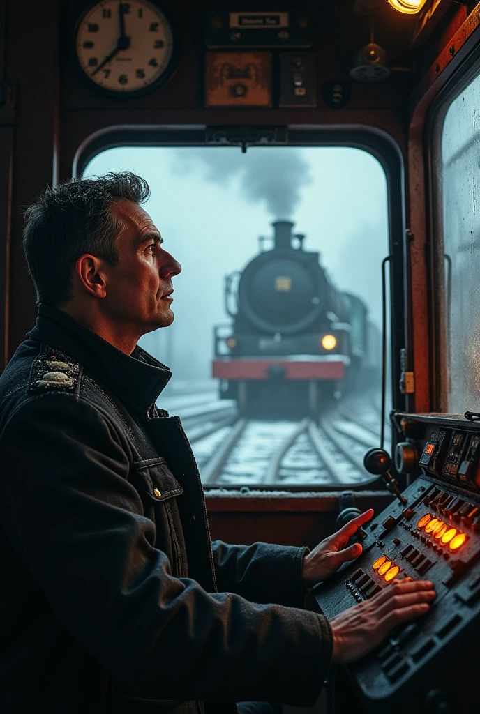 masterpiece, best quality,Soviet man，Steam locomotive cockpit，Looking up，World War II，TRAIN STATION，About to travel，dimly lit scene，Dim Lights，Snow