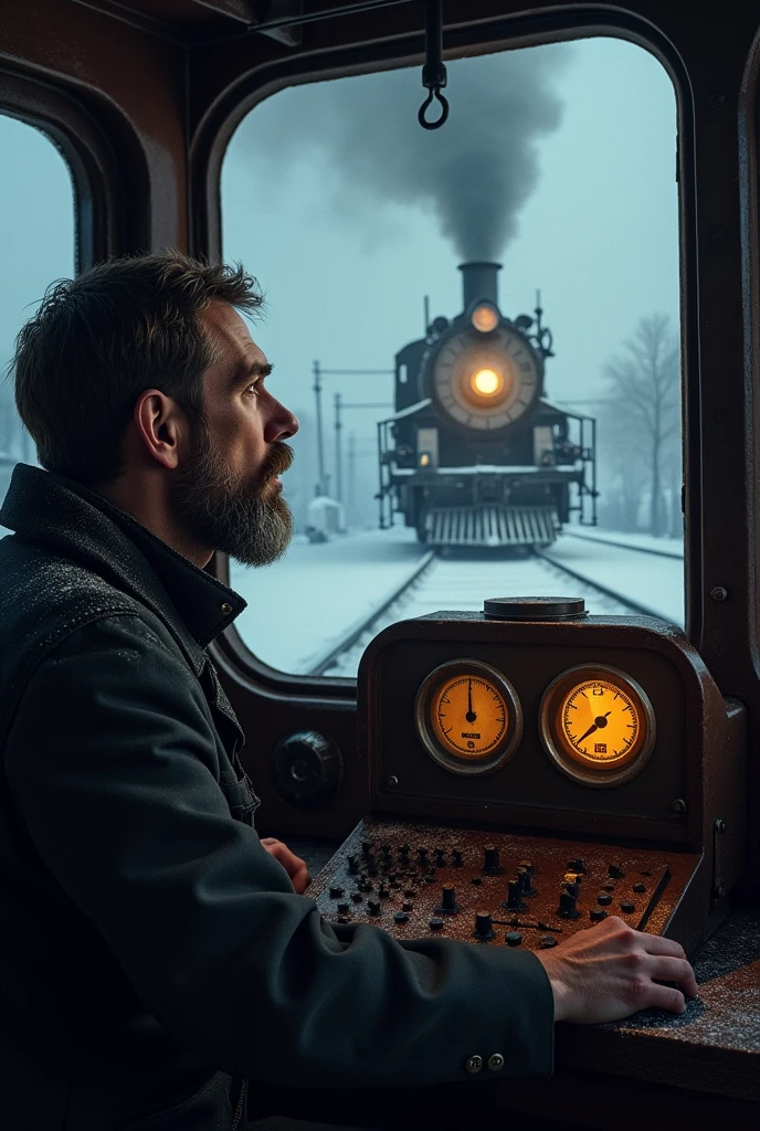 masterpiece, best quality,Soviet man，Steam locomotive cockpit，Looking up，World War II，TRAIN STATION，About to travel，dimly lit scene，Dim Lights，Snow