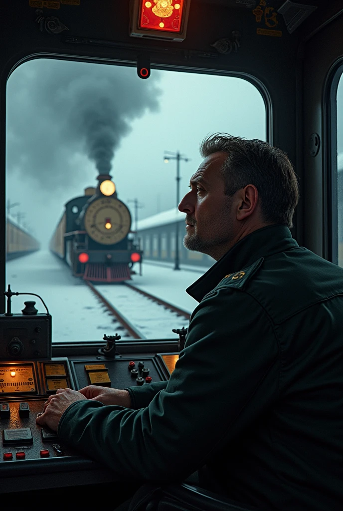 masterpiece, best quality,Soviet man，Steam locomotive cockpit，Looking up，World War II，TRAIN STATION，About to travel，dimly lit scene，Dim Lights，Snow