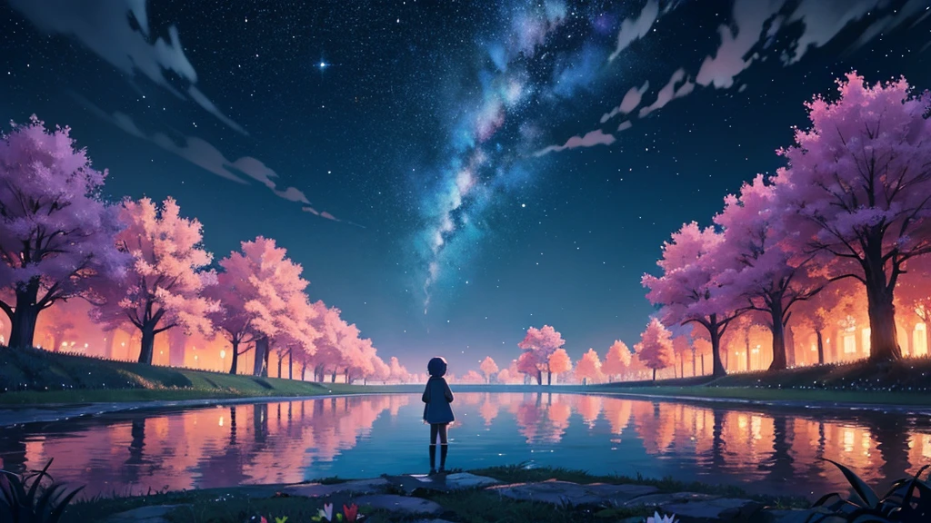 /imagine prompt: Viral anime nature wallpaper in 4K quality, in the style of Pixar 3D inspired by Coco, showing a lively forest clearing with colorful flowers, animated trees, and a crystal-clear pond reflecting the night sky; warm and festive color temperature, cosmos lighting with stars twinkling in the sky, no human characters, the atmosphere is magical and joyous --v 5 --stylize 1000