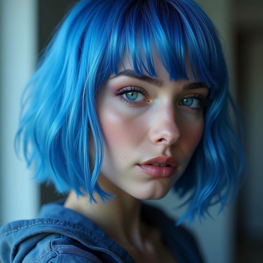 (Meilleure qualité, 8k, 32k, chef-d&#39;œuvre, UHD:1.2),Photo d&#39;une jolie adolescente américaine de 18 ans, gros seins, Cheveux Bob très courts,Haut du corps,Mise au point du visage,(énorme_Pull-over,:1.1) collier, arrière-plan, regarder le spectateur, se penchant en avant, (((cheveux bleus avec une frange argentée))), (((yeux bleu clair vibrants))) (((détail primé)) ((maquillage d&#39;avatar et vêtements de popstar)))