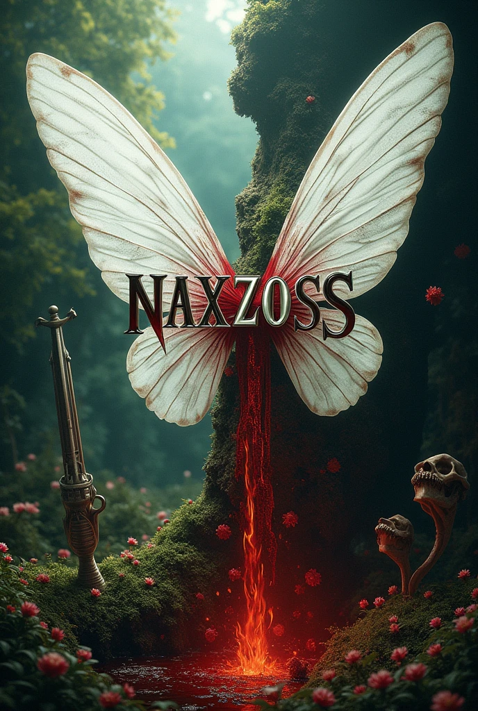 There is a white fantasy title "NAXZOSS" written on a half cutted white wing of a fairy. The wing is covered with blood. The background is half fairy land where fairies & some flowers and half background is devil land where devils & skeletons. A half cutted trident and half cutted gun used in the title. A realistic, 3D, aesthetic, and fantasy poster.
