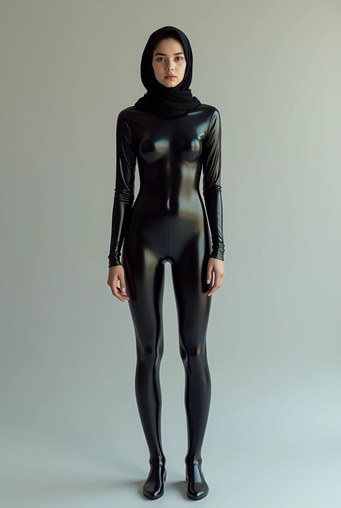 A girl wearing hijab . Innocent face. Long leg. Wearing full body black latex suit. High quality. High resolution