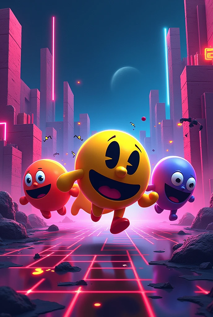 Pacman Ghosts running away in neon way