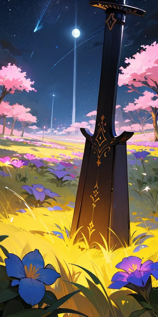 A legendary sword stick in the ground under the moonlight in the middle of a glowing flower field