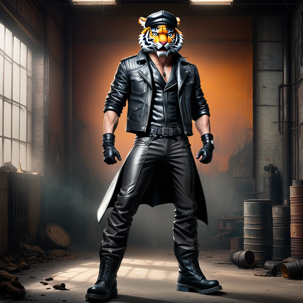 Old factory background，70s style leather jacket，trousers，Leather boots，Gray and black style，Vest lining,high resolution,Clarity Enhancement,panoramic,Full body portrait,Peaked Cap,Tiger Teeth,Hands on hips,indoor,Film light and shadow,Weak light source,Cool colors