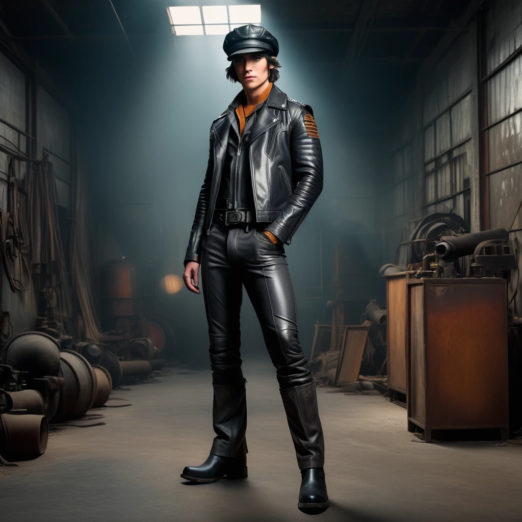 Old factory background，70s style leather jacket，trousers，Leather boots，Gray and black style，Vest lining,high resolution,Clarity Enhancement,panoramic,Full body portrait,Peaked Cap,Tiger Teeth,Hands on hips,indoor,Film light and shadow,Weak light source,Cool colors