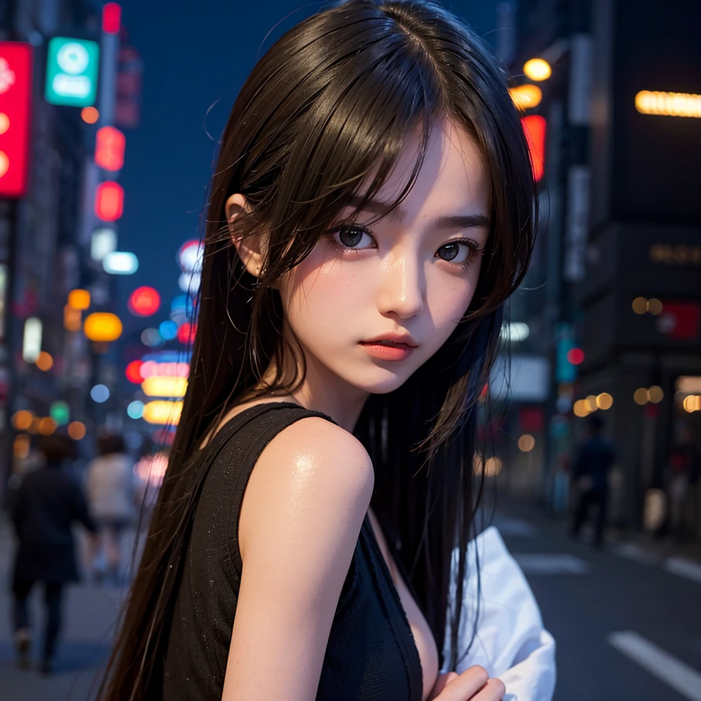 1girl, Tokyo street,night, cityscape,city lights, upper body,close-up, 8k, RAW photo, best quality, masterpiece,realistic, photo-realistic,