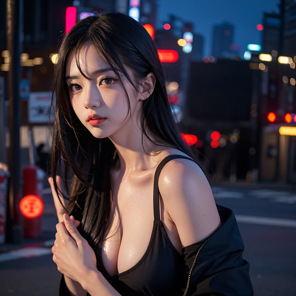 1girl, Tokyo street,night, cityscape,city lights, upper body,close-up, 8k, RAW photo, best quality, masterpiece,realistic, photo-realistic,