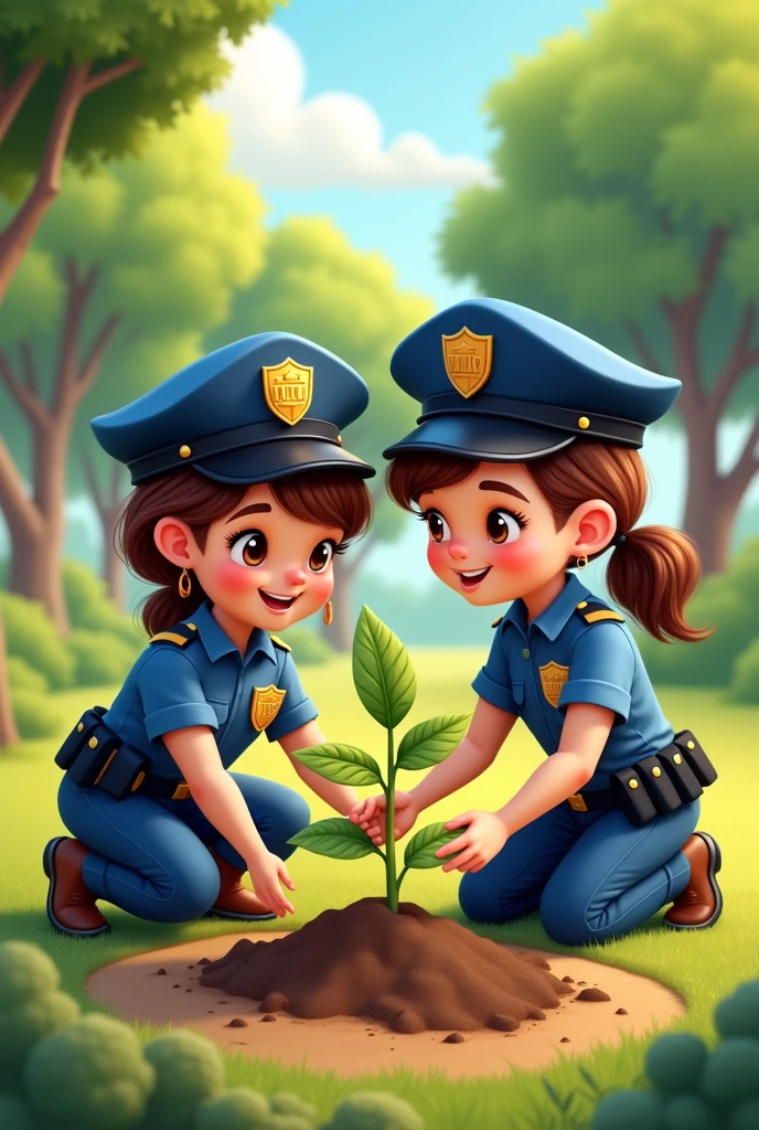 Two police little girls planting trees