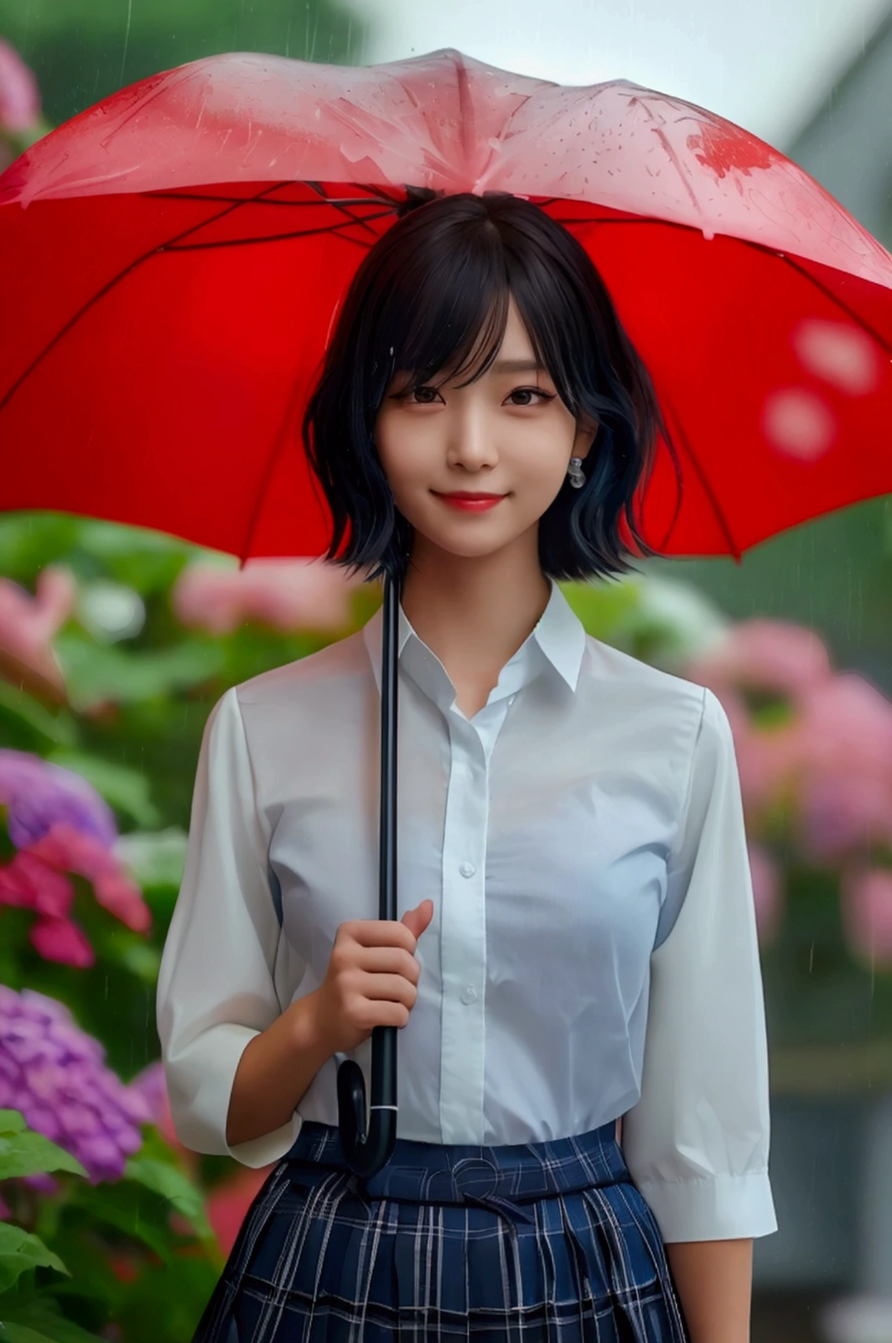 (8k, Photorealistic, Raw photo, Highest quality: 1.4),Japanese idol-style beautiful girl,1 person,,(Short Bob),(Black),She has her hair tucked behind her ears,Clear grey eyes,Long eyelashes,(piercings(small)),(Lip gloss),lips(Plump,glossy),Skin that is as white and smooth as translucent porcelain,Thin and delicate shoulders,thin abdomen,School uniforms((blouse(White,Short sleeve)),(Pleated skirt(Plaid)),(socks(Dark blue))),(loafers),summer,On the way home from school,it's raining,She is holding a red umbrella,Holding the handle of an umbrella with both hands,She is standing in front of many hydrangeas.,(Smiling at the camera),(Front view: 1.2),(Full body portrait: 1.4))