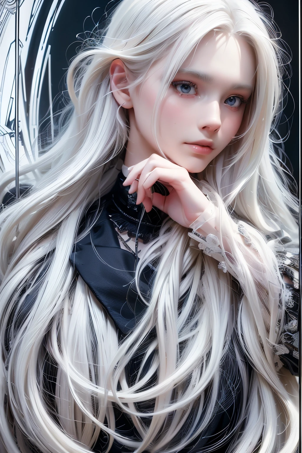 masterpiece, best quality, get closer to perfection, (perfect face:1.1), (high detail:1.1), dramatic, (1 person), pale skin, (long, Pure white hair:1.4), white snow, Otto Sepalainen, alone, long hair, white luxury suit, belly button covered, snob, albino, Luminous Studio graphics engine, swollen lips, Demon Magician, volumetric lighting, detailed eyes, (8K 벽지 masterpiece), hyper detail, intricately detailed, Overwhelmingly perfect pixel, rose, fashion, side, look up at the viewer, Balenciaga style