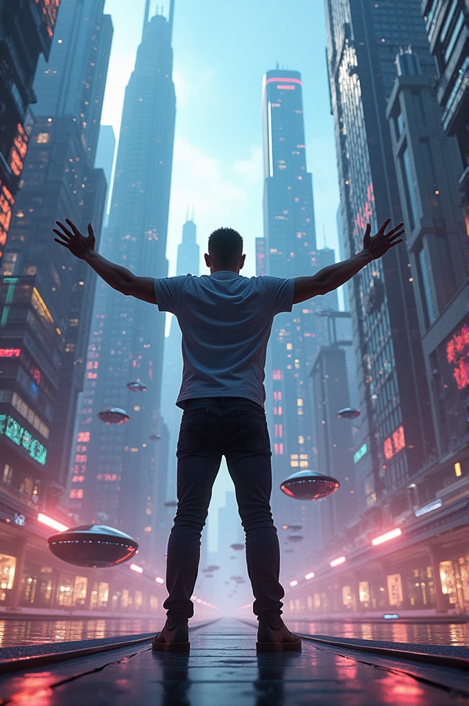 Image of a man standing with his arms raised, looking at a beautiful futuristic city in front of him