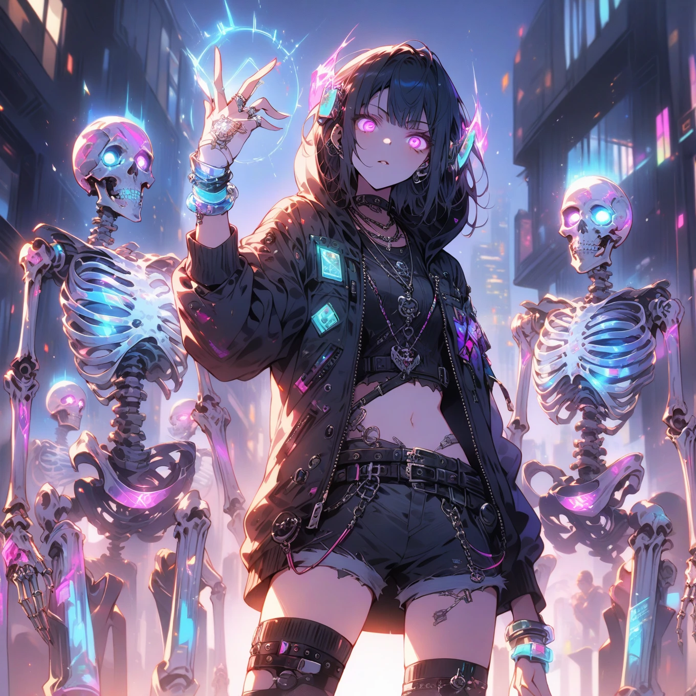 score_9_up, score_9, score_8_up, score_7_up, source_anime,masterpiece, best quality, high resolution, extremely detailed CG, absurdres, highres,In the cyberpunk city, several glowing mechanical skeletons are standing in front of a young girl. The girl, dressed in a punk-inspired outfit with a hooded jacket and neon headphones, raises her tattooed right hand, which is wearing silver jewelry and a silver ring, and glows with a magical light, 1girl, glowing, shorts, hood, navel, jewelry, fingerless gloves, belt, midriff, gloves, glowing eyes, jacket, tattoo, short hair, skeleton, necklace