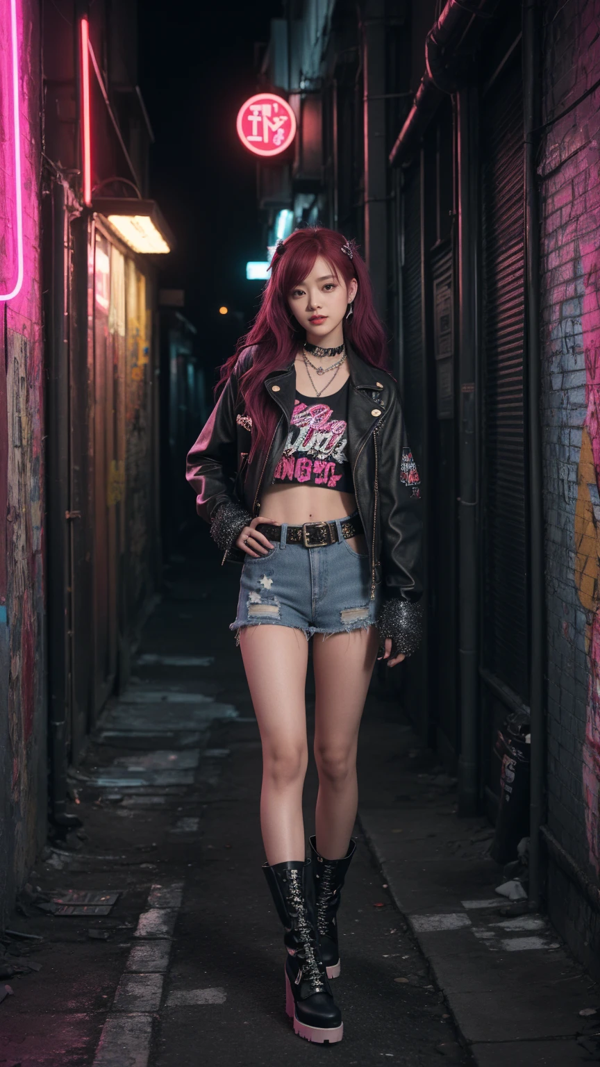 A girl posing in a grungy, neon-lit urban alleyway. Red maroon half hair, The girls wear edgy streetwear, jeans denim skirt, fur boots, glitter star hairclip, aesthetic top with fir on sleeves, pearls and stars belt, half finger gloves, The alleyway is dark and atmospheric, with graffiti-covered walls and glowing neon signs, grungy aesthetic, high angle, night