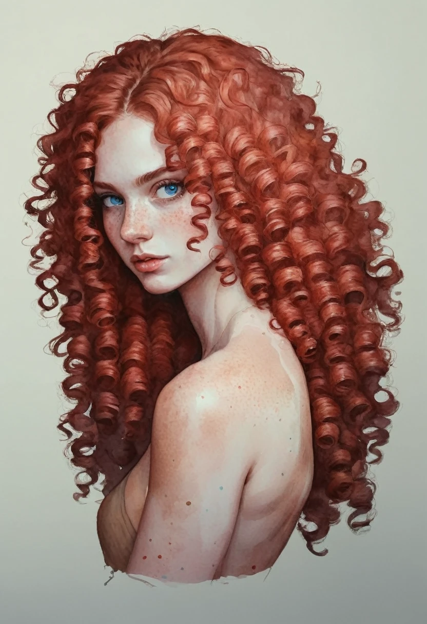 (((long fluffy curly red hair))) face portrait of An extremely Beautiful young Woman, pale skin, blue eyes, freckle, gritty sharp focus, intricate, watercolor, long red hair, long hair, , short athletic legs, big ass, full body