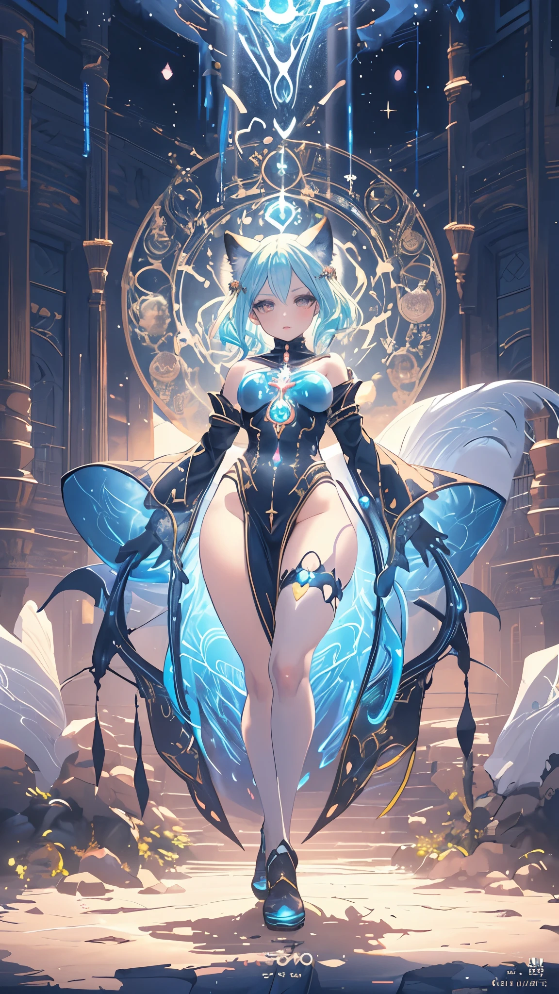 A cute neko girl with slime creatures, beautiful detailed eyes,beautiful detailed lips,extremely detailed eyes and face,long eyelashes, colorful, curvaceous, standing in a magical item shop, vivid colors, god rays, ray tracing, glowing iridescent intricate lighting, highly detailed, fantasy, alchemy, masterpiece, 8k, volumetric lighting, digital painting, dynamic composition, dramatic lighting, anime art with detailed background 